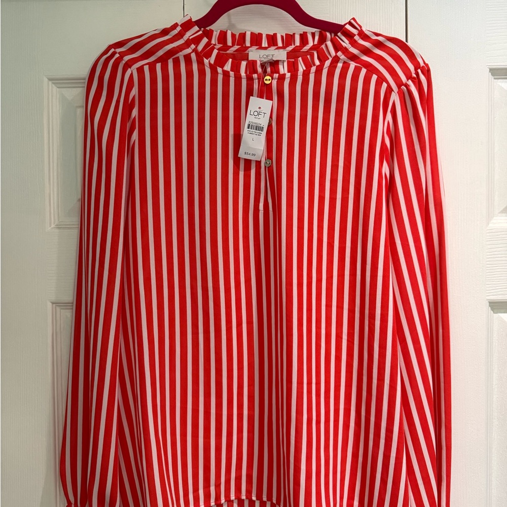 LOFT Red and White Mandarin Collar Blouse